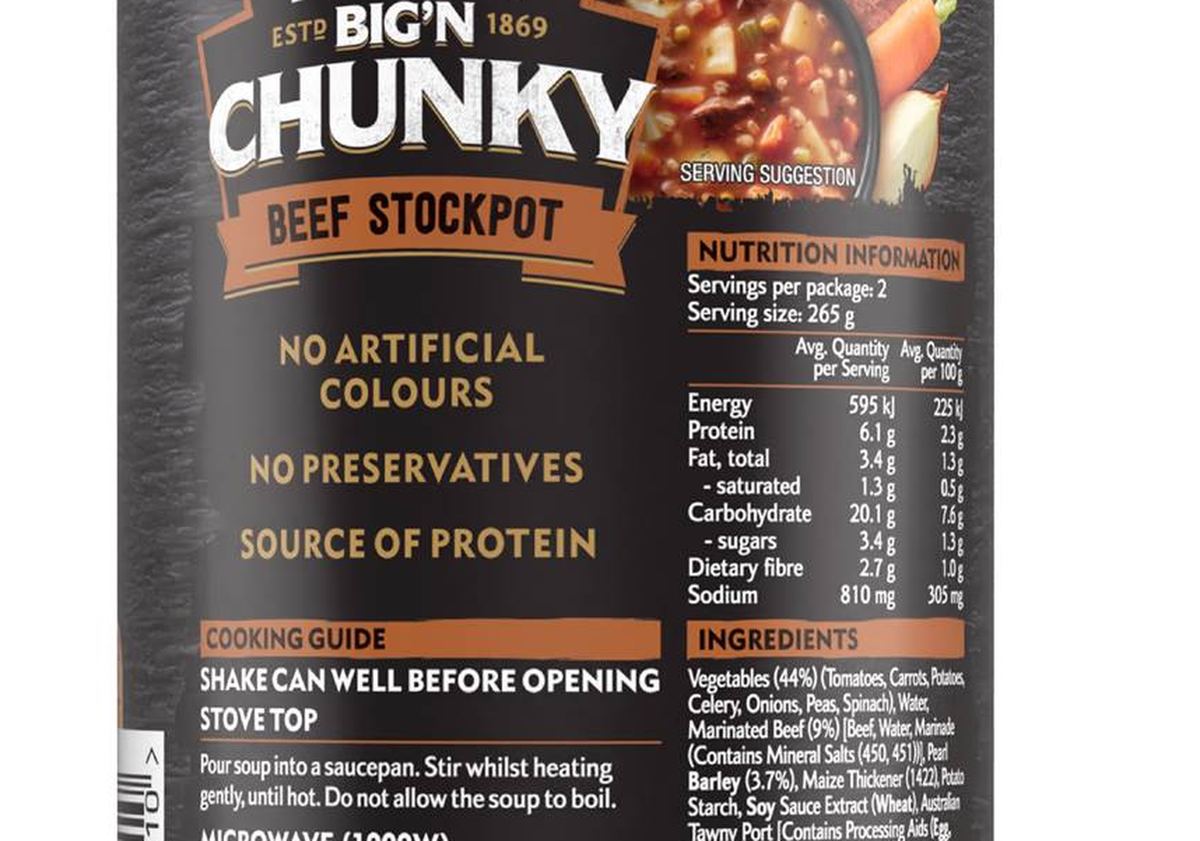 Pack photograph of Heinz Big N Chunky Beef Stockpot Soup 535g showing the printed nutrition panel