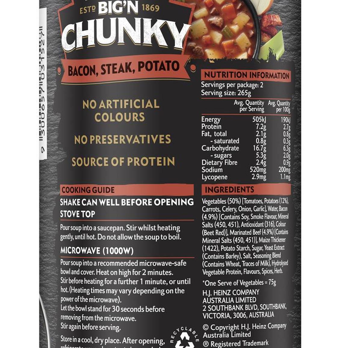 Pack photograph of Heinz Big N Chunky Bacon Steak Potato Soup 535g showing the printed nutrition panel