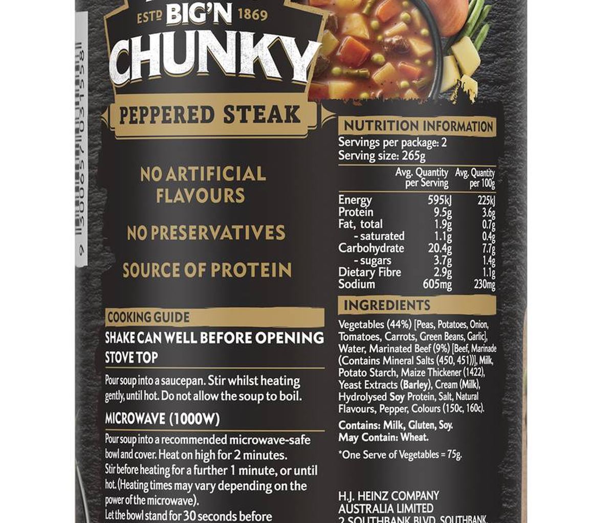 Pack photograph of Heinz Big N Chunky Peppered Steak Soup Tinned Ready Meals 535g showing the printed nutrition panel