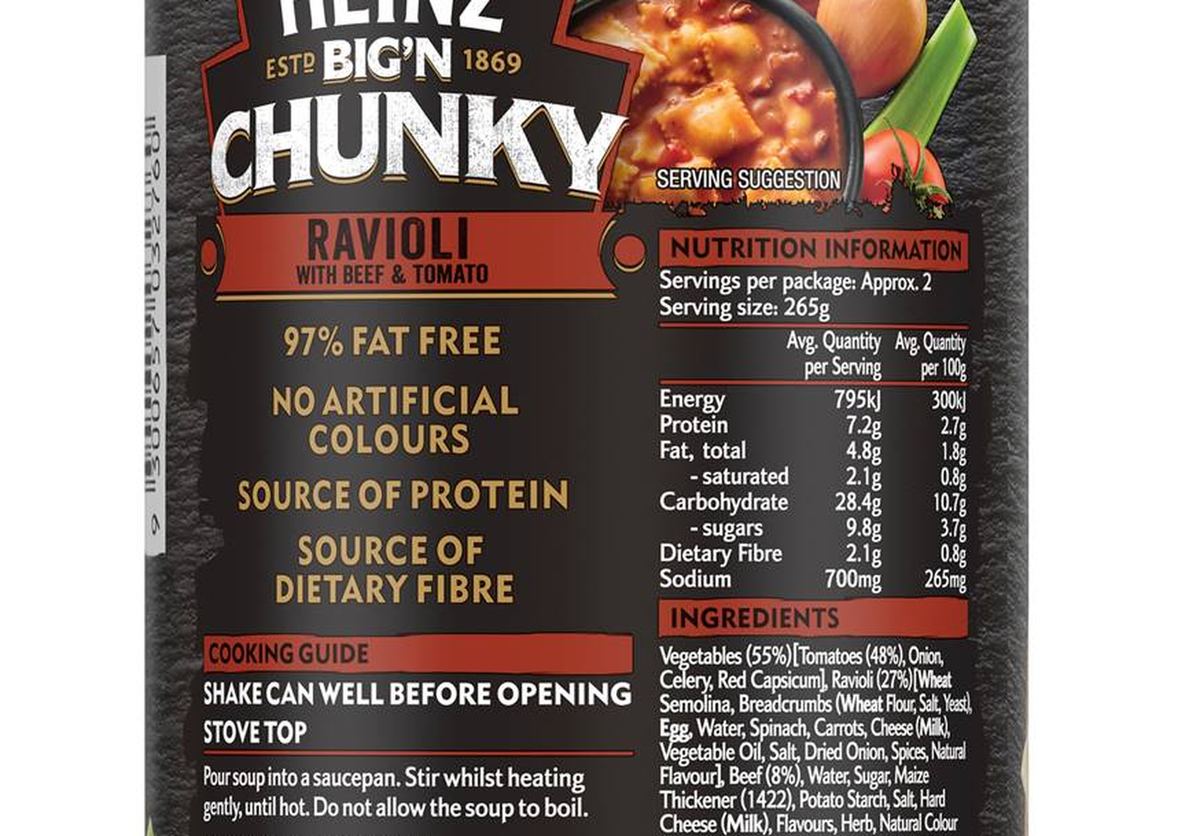 Pack photograph of Heinz Big N Chunky Ravioli With Beef & Tomato Canned Meal 535g showing the printed nutrition panel