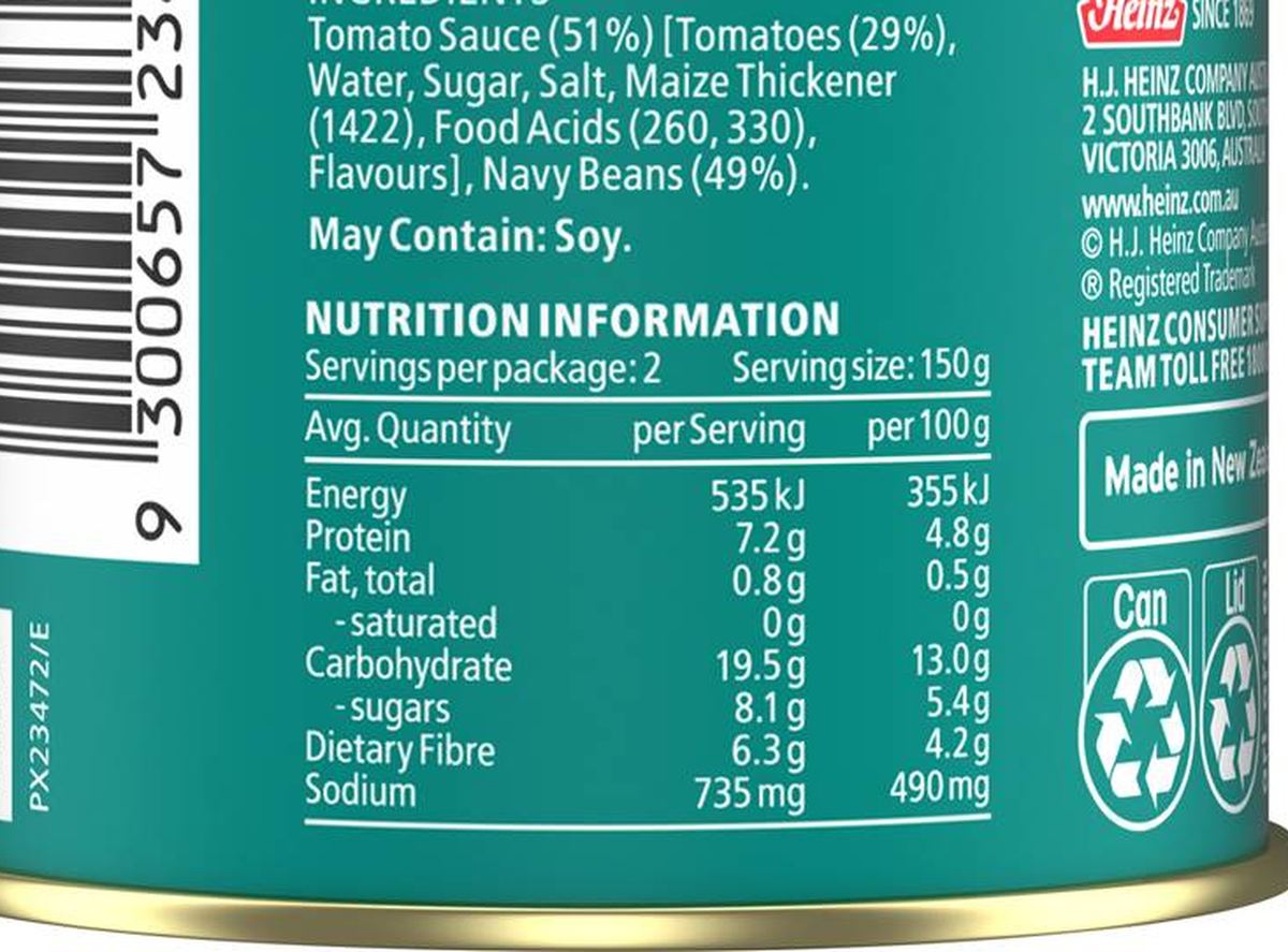 Pack photograph of Heinz Beanz Canned Baked Breakfast Beans English Recipe 300g showing the printed nutrition panel