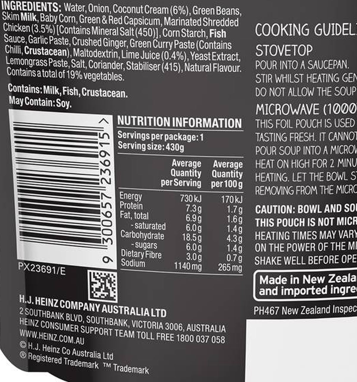 Pack photograph of Heinz Soup Of The Day Thai Style Chicken & Chilli Pouch 430g showing the printed nutrition panel