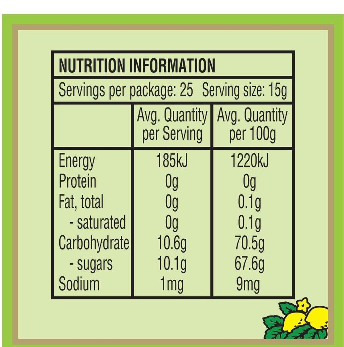 Pack photograph of Rose's Lime Marmalade 375g showing the printed nutrition panel