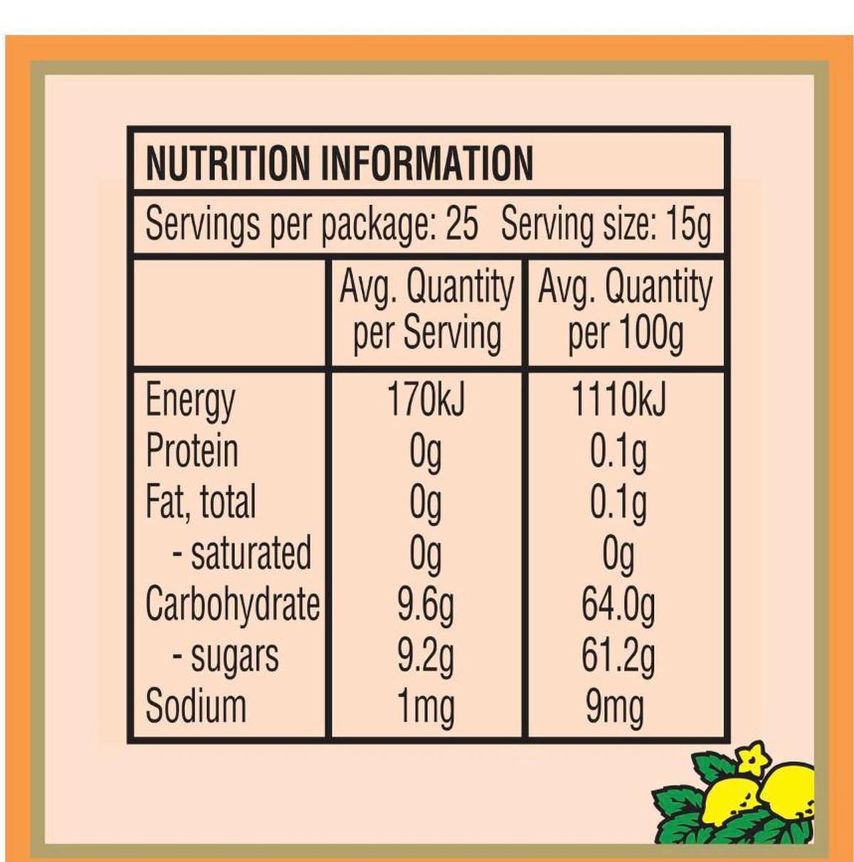 Pack photograph of Rose's Sweet Orange Marmalade 375g showing the printed nutrition panel