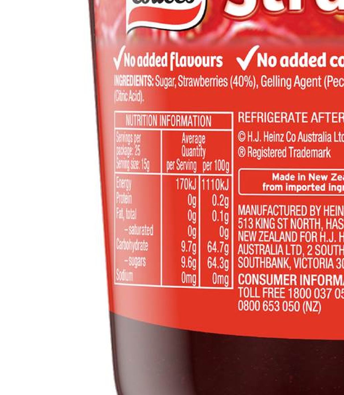 Pack photograph of Cottee's Strawberry Jam 375g showing the printed nutrition panel