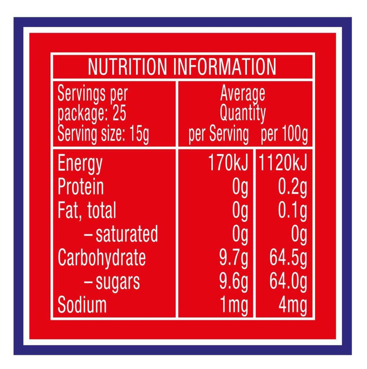 Pack photograph of Cottee's Raspberry Jam 375g showing the printed nutrition panel