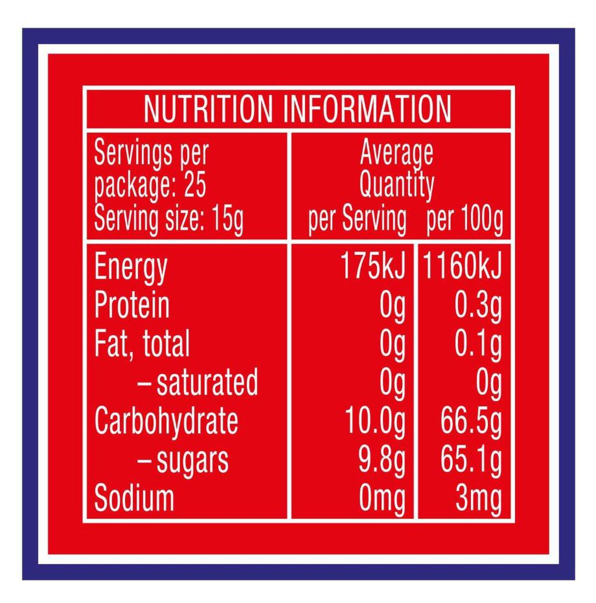 Pack photograph of Cottee's Blackberry Jam 375g showing the printed nutrition panel