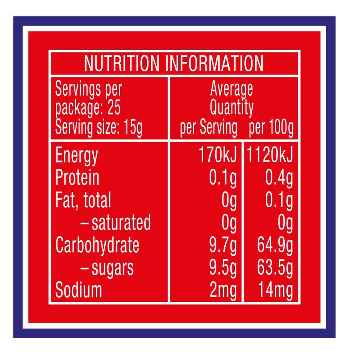 Pack photograph of Cottee's Apricot Jam 375g showing the printed nutrition panel
