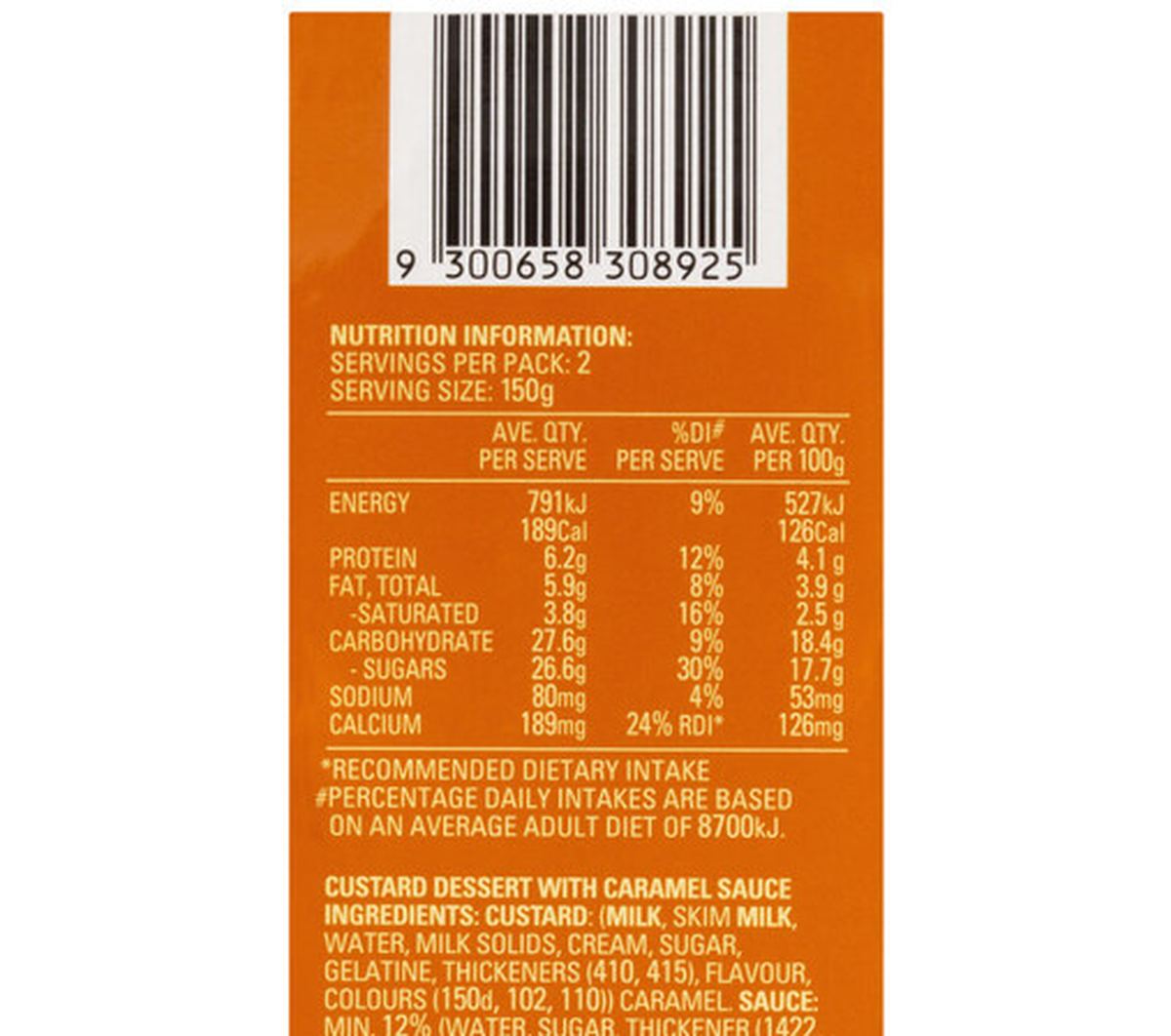 Pack photograph of Divine Classic Creme Caramel 150g x 2 pack showing the printed nutrition panel