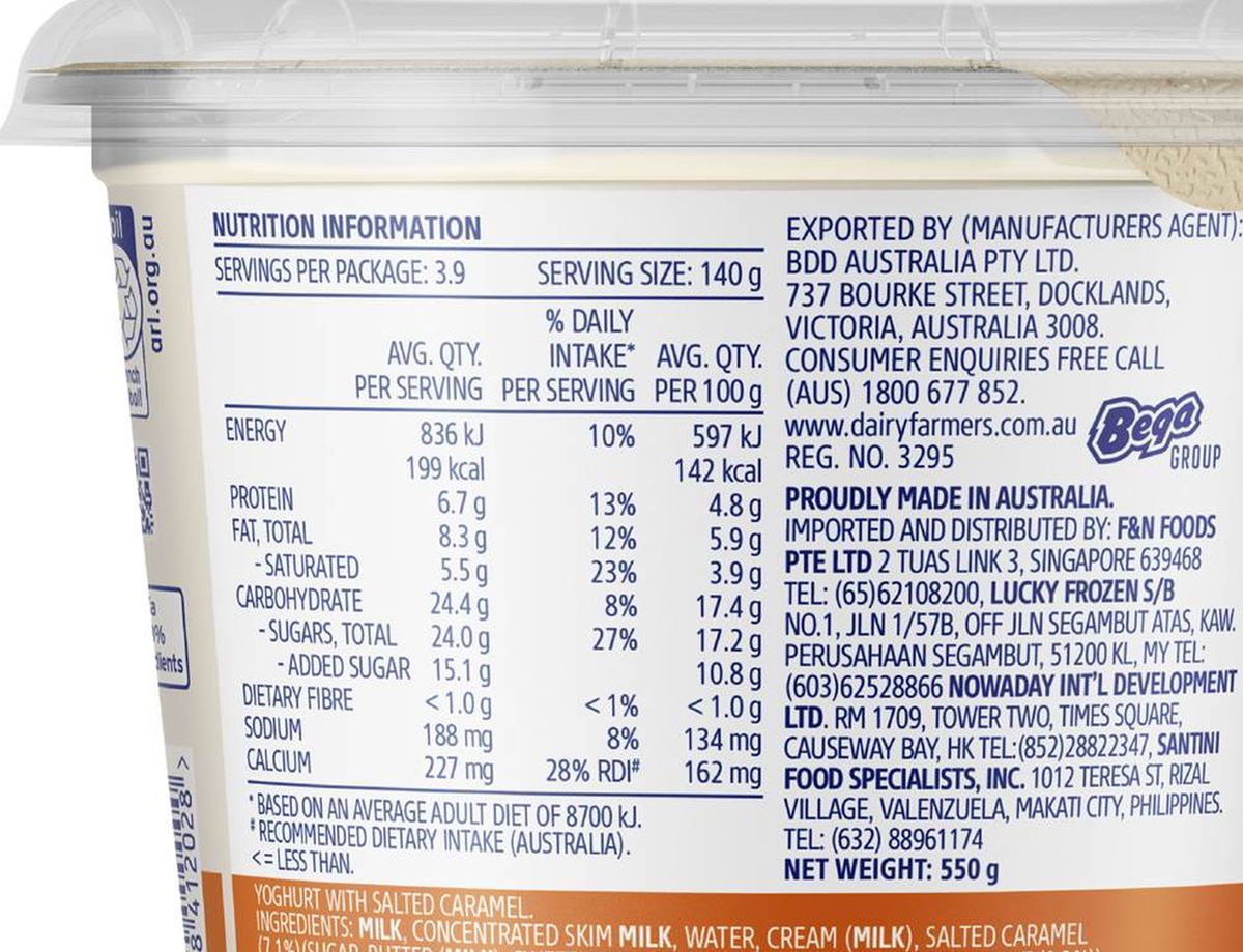 Pack photograph of Dairy Farmers Thick & Creamy Yoghurt Murray River Salted Caramel 550g showing the printed nutrition panel