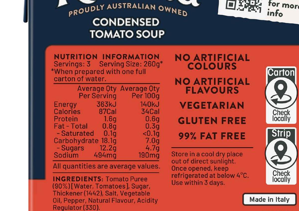 Pack photograph of Rosella Condensed Tomato Soup 390g showing the printed nutrition panel