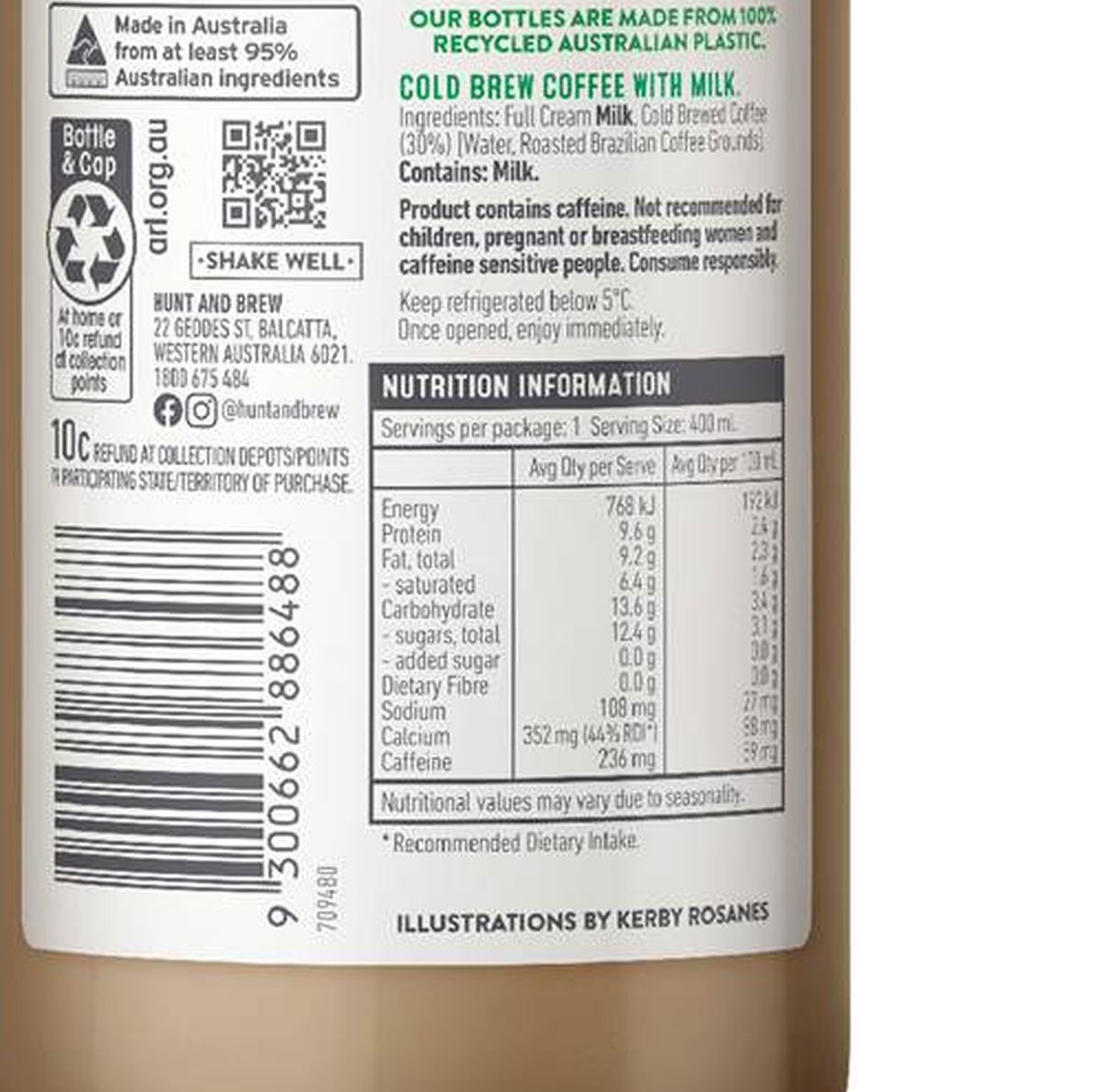 Pack photograph of Hunt And Brew Iced Coffee Brazil 400mL showing the printed nutrition panel