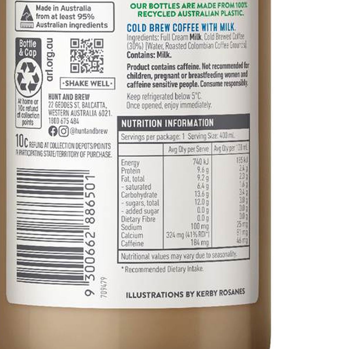 Pack photograph of Hunt And Brew Iced Coffee Colombia 400mL showing the printed nutrition panel