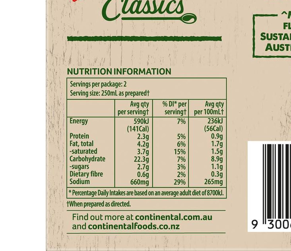 Pack photograph of Continental Classics Cup A Soup Laksa With Noodles 65g showing the printed nutrition panel