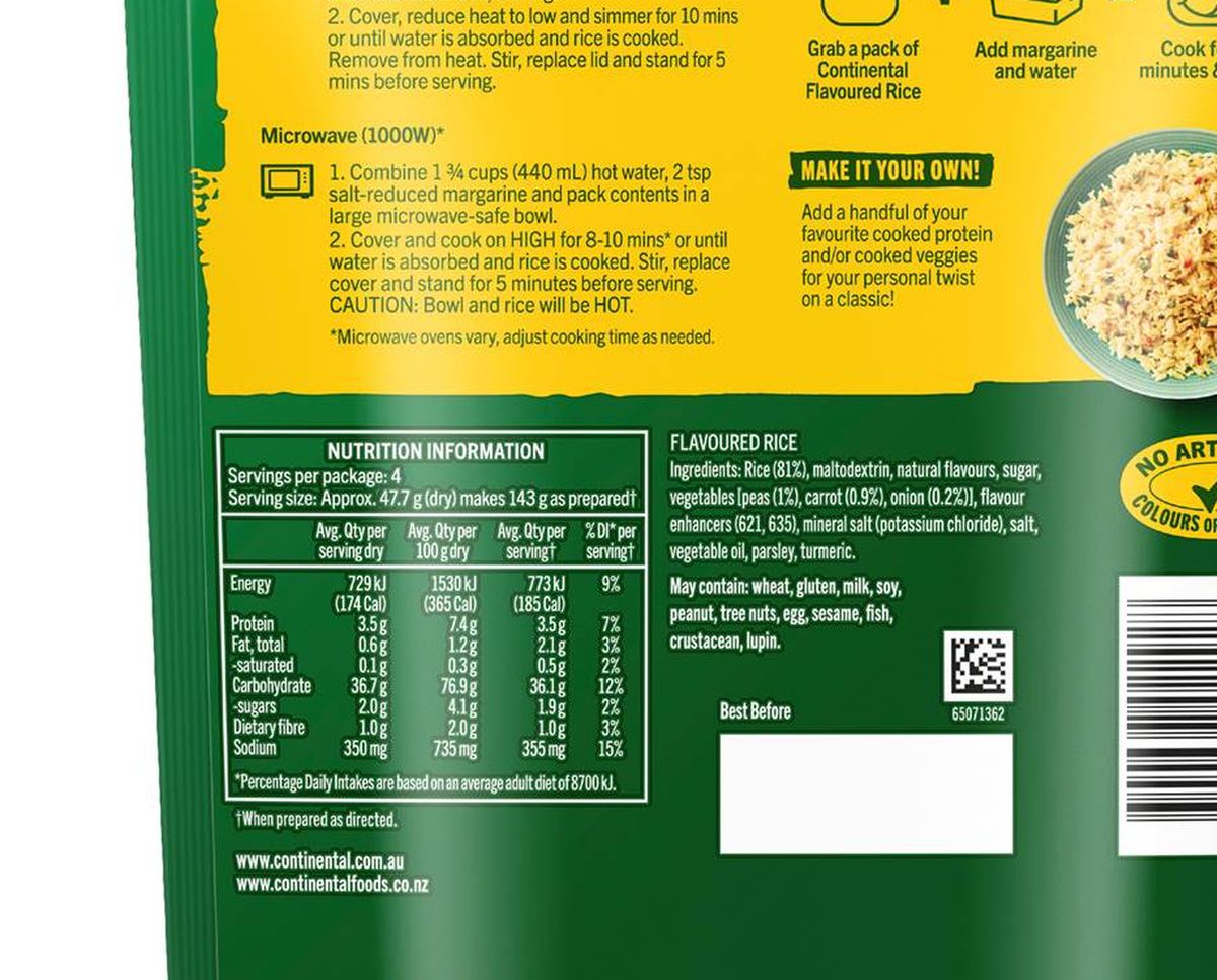 Pack photograph of Continental Classics Chicken Rice 190g showing the printed nutrition panel