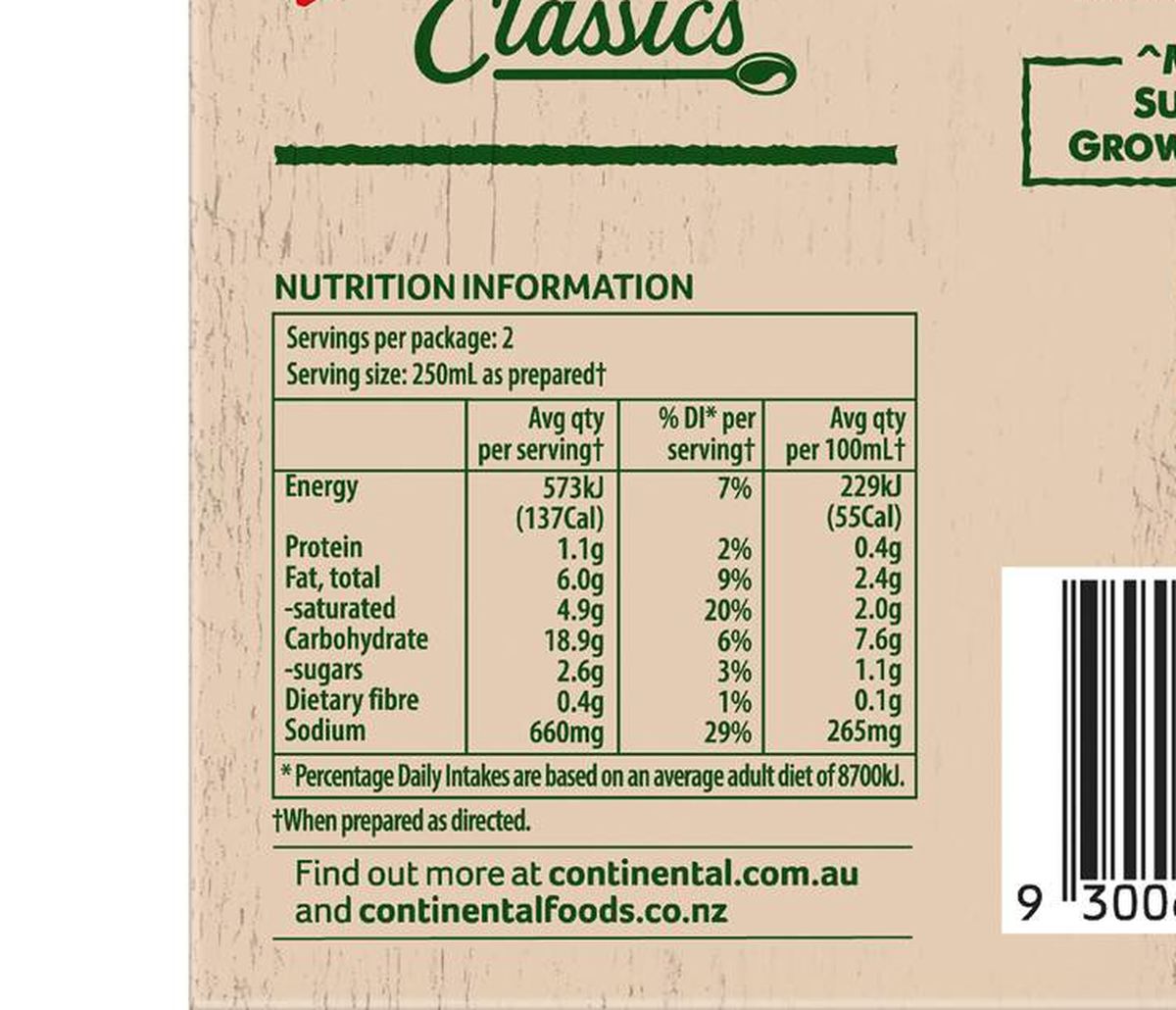Pack photograph of Continental Classics Cup A Soup Creamy Chicken With Croutons 60g showing the printed nutrition panel