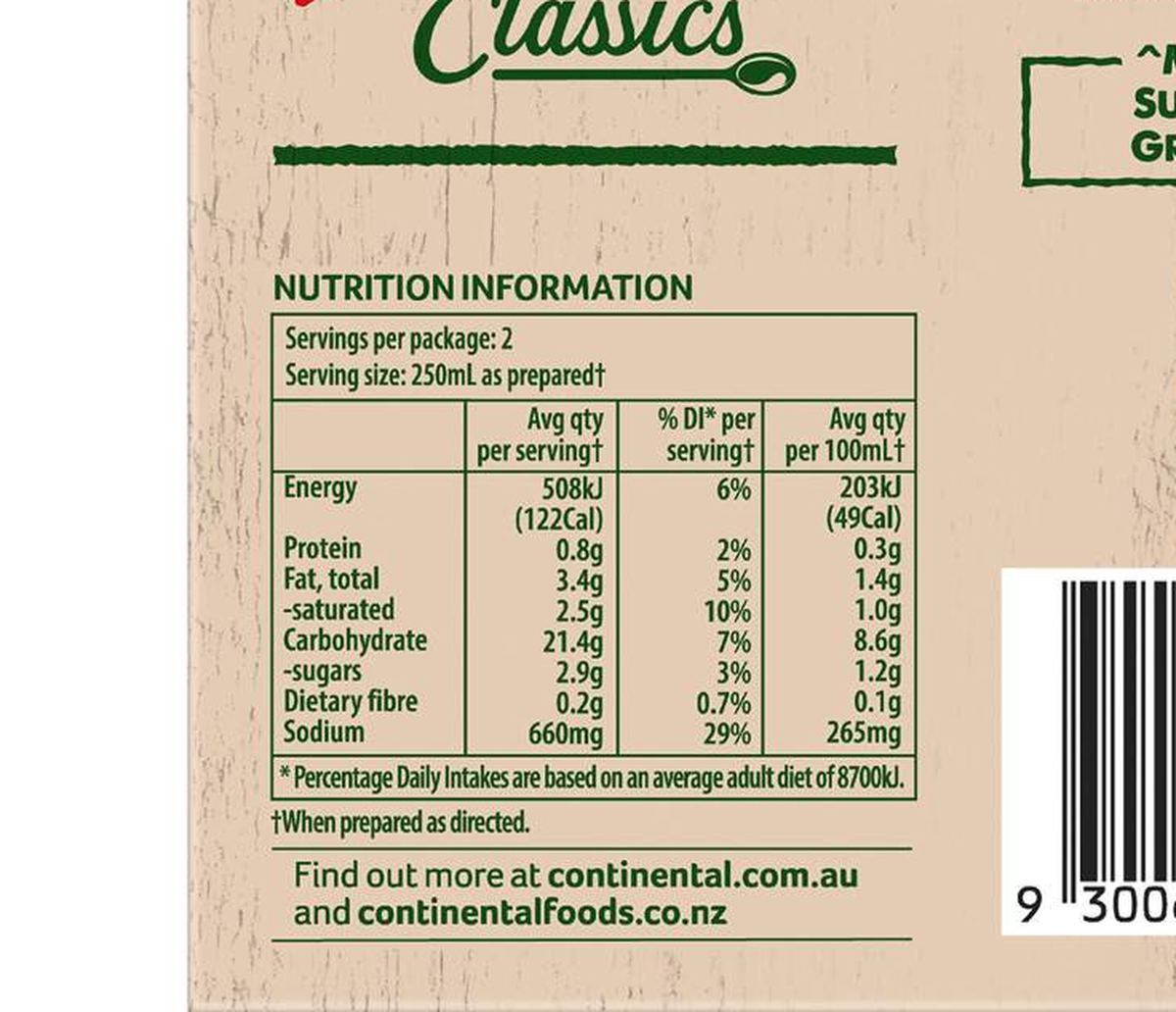 Pack photograph of Continental Classics Cup A Soup Creamy Chicken & Corn With Croutons 60g showing the printed nutrition panel