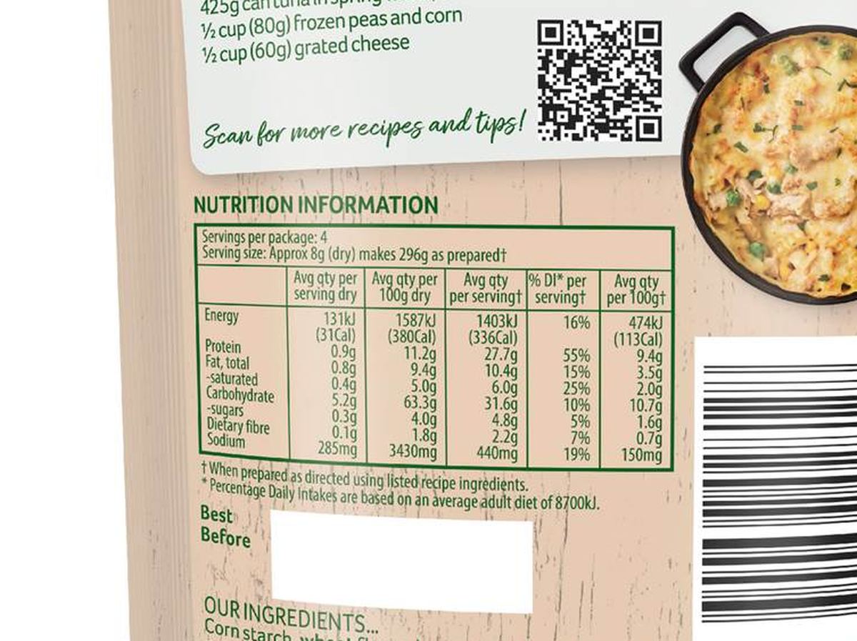 Pack photograph of Continental Recipe Base Creamy Tuna Mornay 30g showing the printed nutrition panel