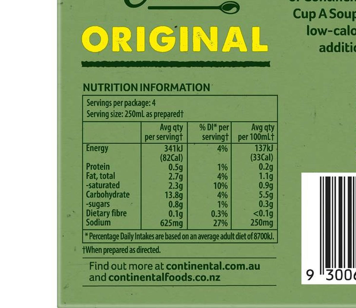 Pack photograph of Continental Classics Cup A Soup Original Cream Of Mushroom 70g showing the printed nutrition panel