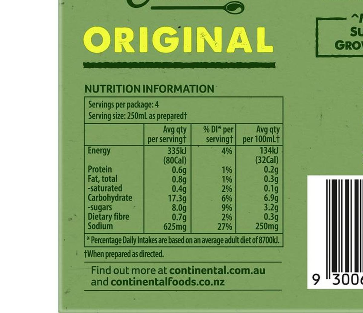 Pack photograph of Continental Classics Cup A Soup Original Tomato 80g showing the printed nutrition panel