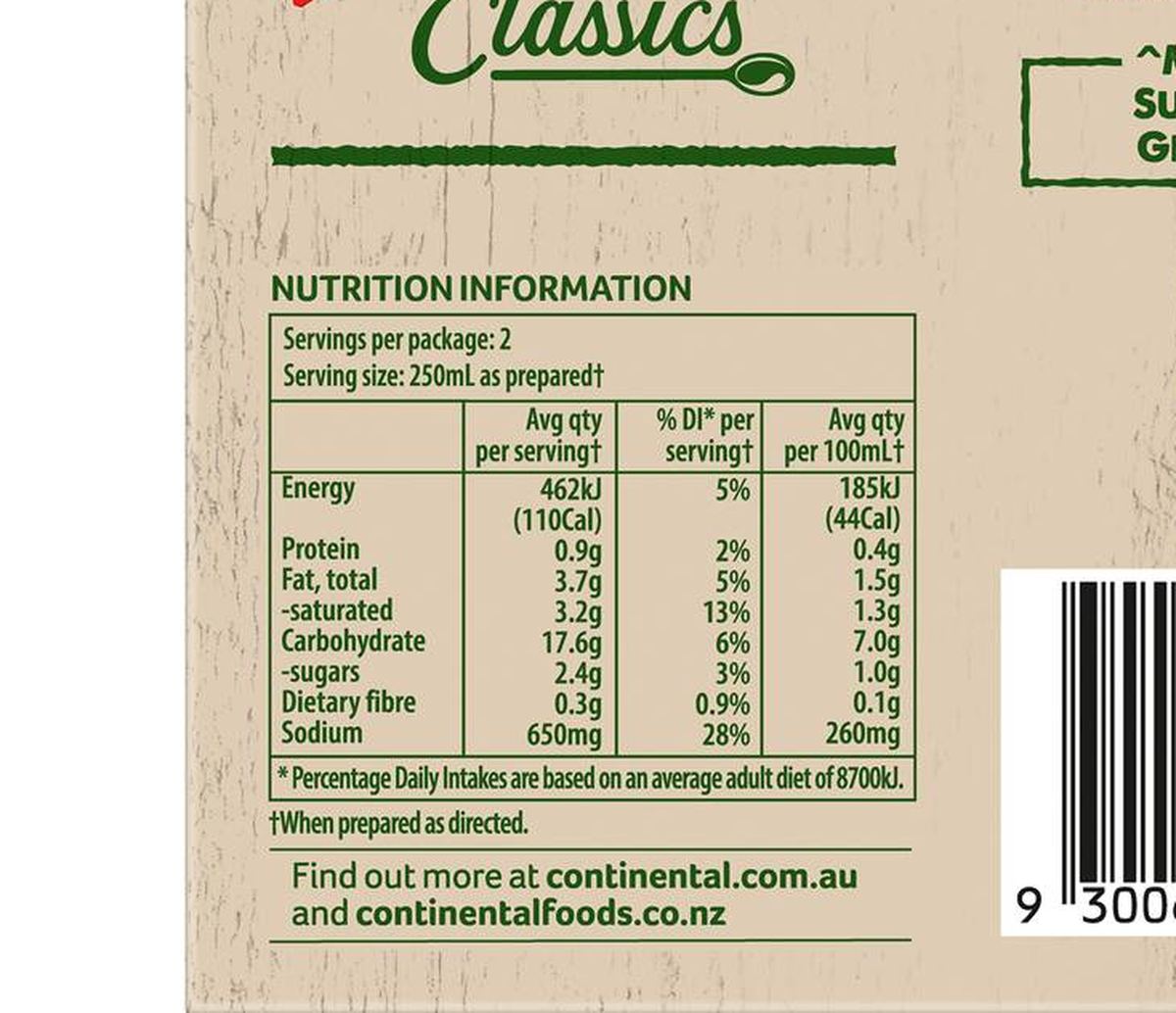Pack photograph of Continental Classics Cup A Soup Dutch Curry With Rice 55g showing the printed nutrition panel