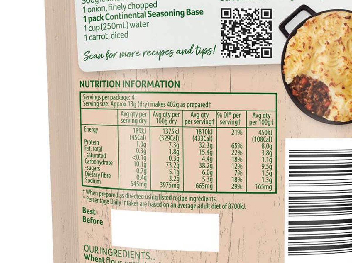 Pack photograph of Continental Recipe Base Shepherds Pie 50g showing the printed nutrition panel