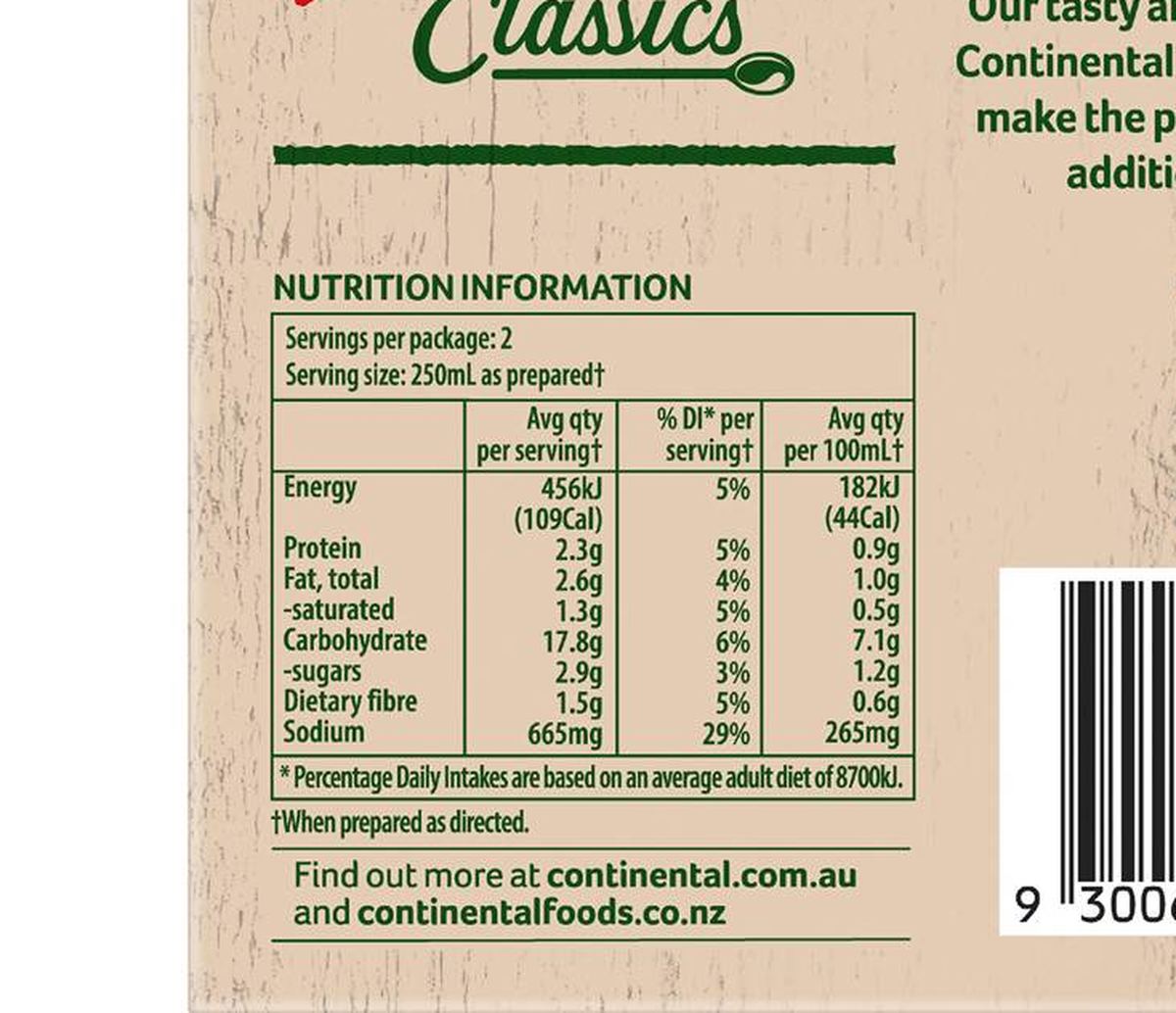 Pack photograph of Continental Cup A Soup Hearty Pea & Ham 2 pack showing the printed nutrition panel