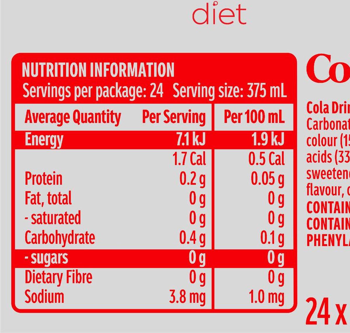 Pack photograph of Coca-Cola Diet Soft Drink Cans 375mL x 24 pack showing the printed nutrition panel