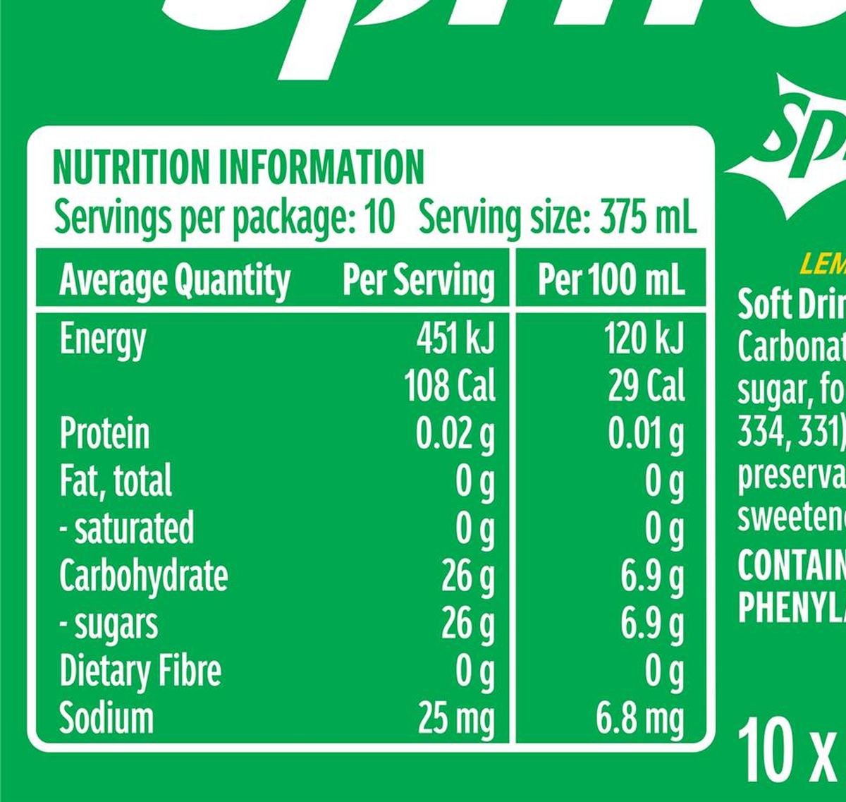 Pack photograph of Sprite Lemonade Soft Drink Cans 375mL x 10 pack showing the printed nutrition panel