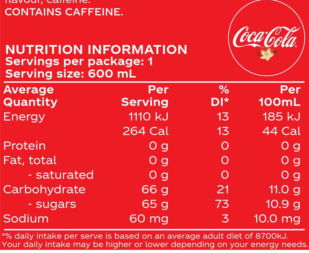 Pack photograph of Coca-Cola Vanilla  Soft Drink Bottle 600mL showing the printed nutrition panel