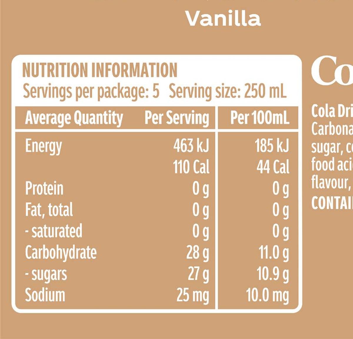 Pack photograph of Coca-Cola Vanilla  Soft Drink Bottle Bottle 1.25L showing the printed nutrition panel