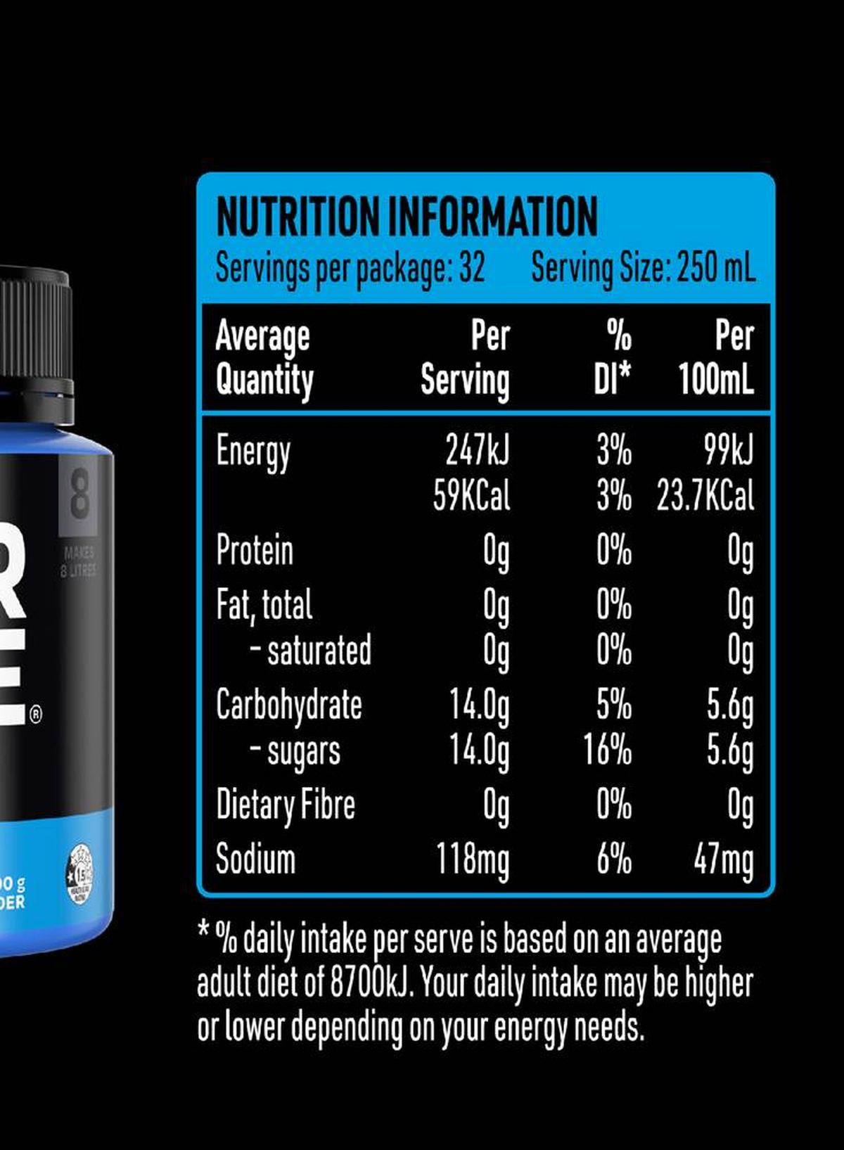 Pack photograph of Powerade Isotonic Mountain Blast Powder 500g showing the printed nutrition panel