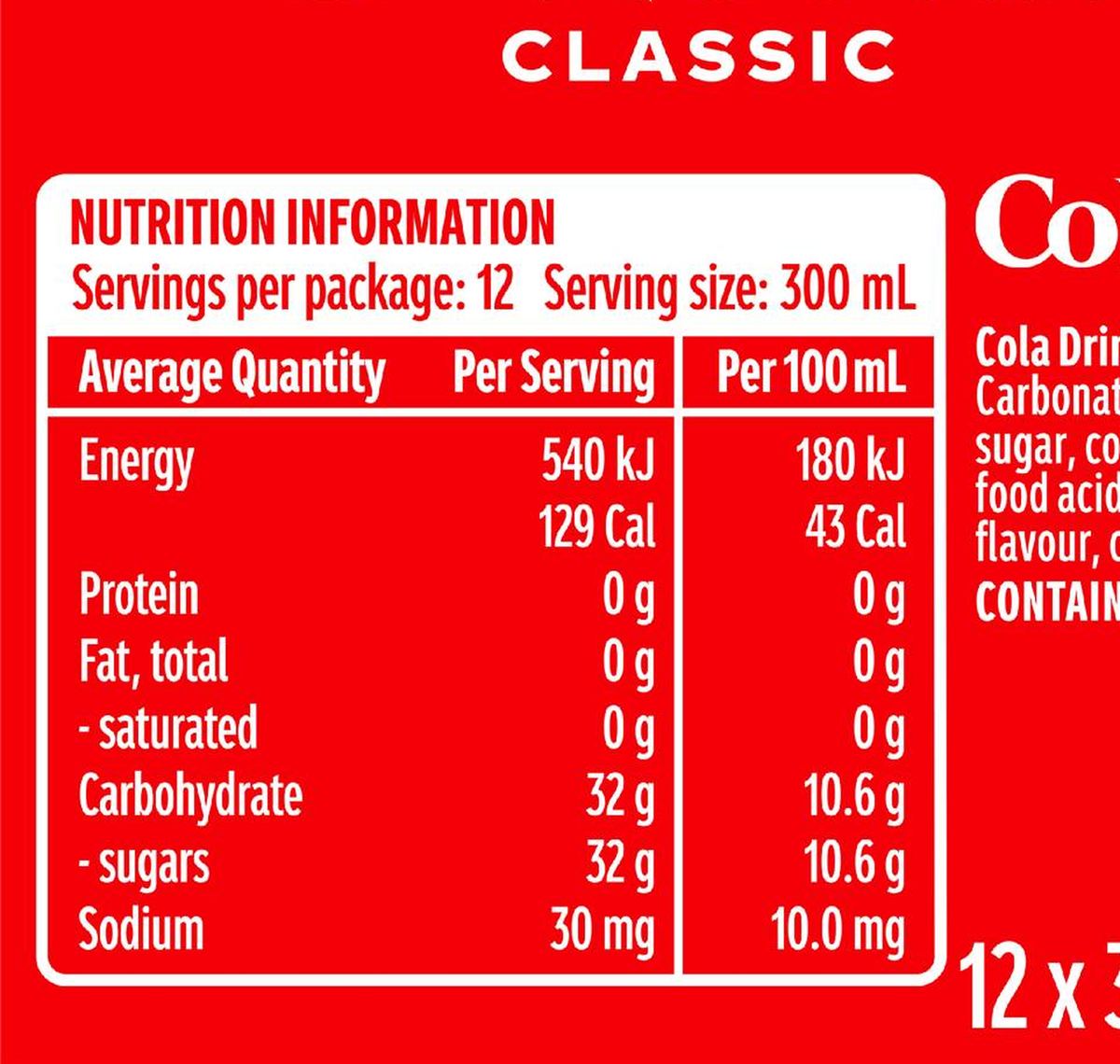 Pack photograph of Coca-Cola Classic  Soft Drink Mini Bottles 300mL x 12 pack showing the printed nutrition panel