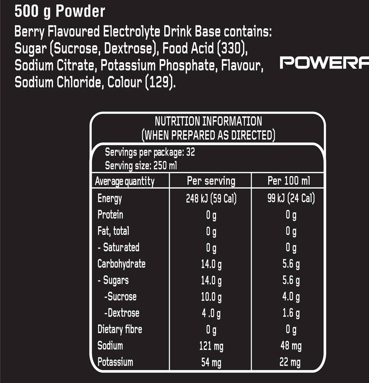 Pack photograph of Powerade Isotonic Berry Ice Powder 500g showing the printed nutrition panel
