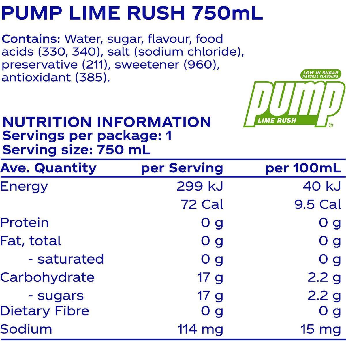 Pack photograph of Pump Lime Rush Water Bottle 750mL showing the printed nutrition panel