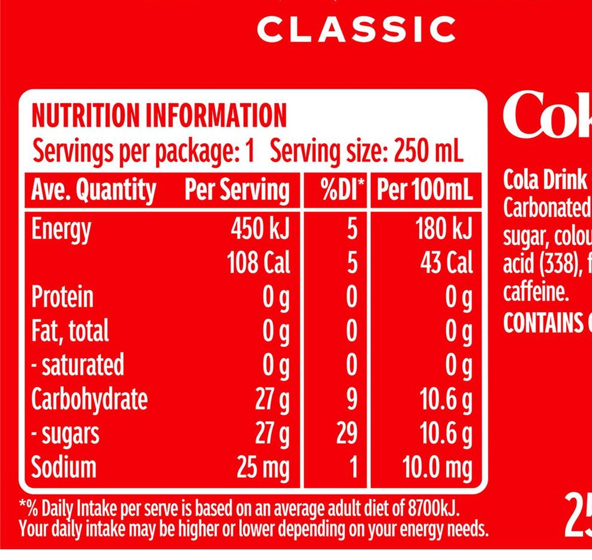 Pack photograph of Coca-Cola Classic  Soft Drink Mini Can Mini Can 250mL showing the printed nutrition panel