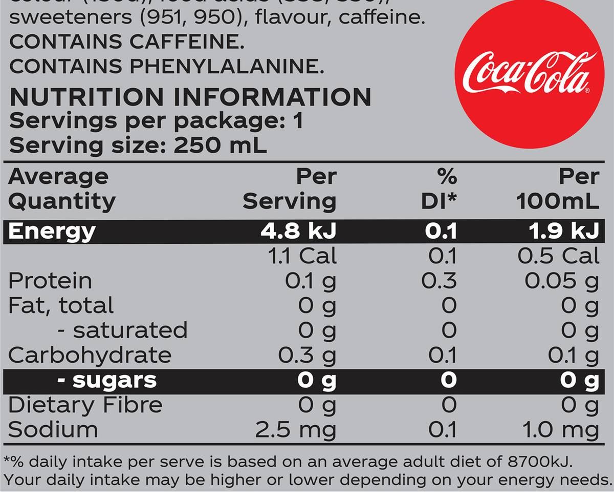 Pack photograph of Coca-Cola Diet Soft Drink Can 250mL showing the printed nutrition panel