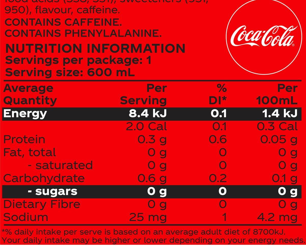 Pack photograph of Coca-Cola Zero Sugar Soft Drink Bottle 600mL showing the printed nutrition panel