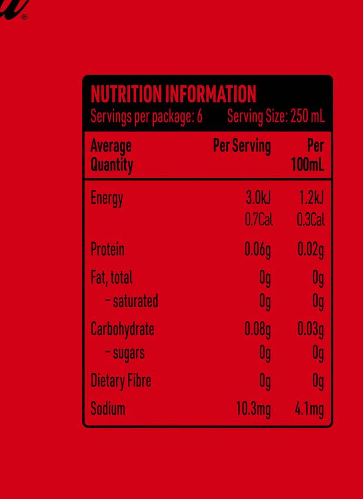 Pack photograph of Coca-Cola Zero Sugar Soft Drink Mini Can 250mL showing the printed nutrition panel