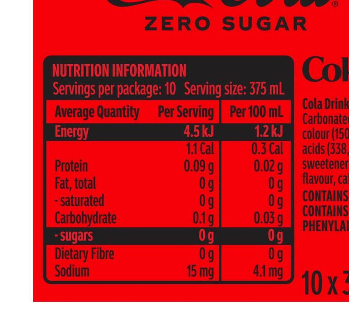 Pack photograph of Coca-Cola Zero Sugar Soft Drink Cans 375mL x 10 pack showing the printed nutrition panel
