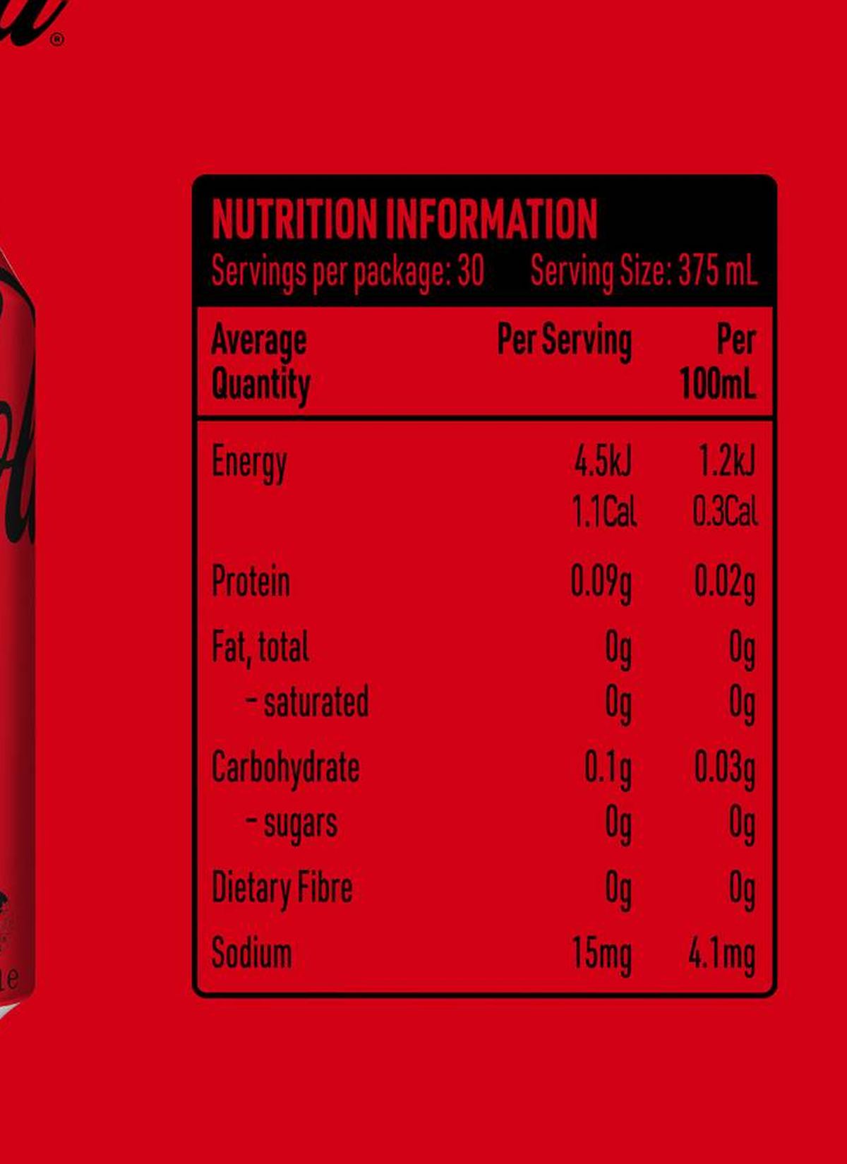 Pack photograph of Coca-Cola Zero Sugar Soft Drink Cans 375mL x 30 pack showing the printed nutrition panel