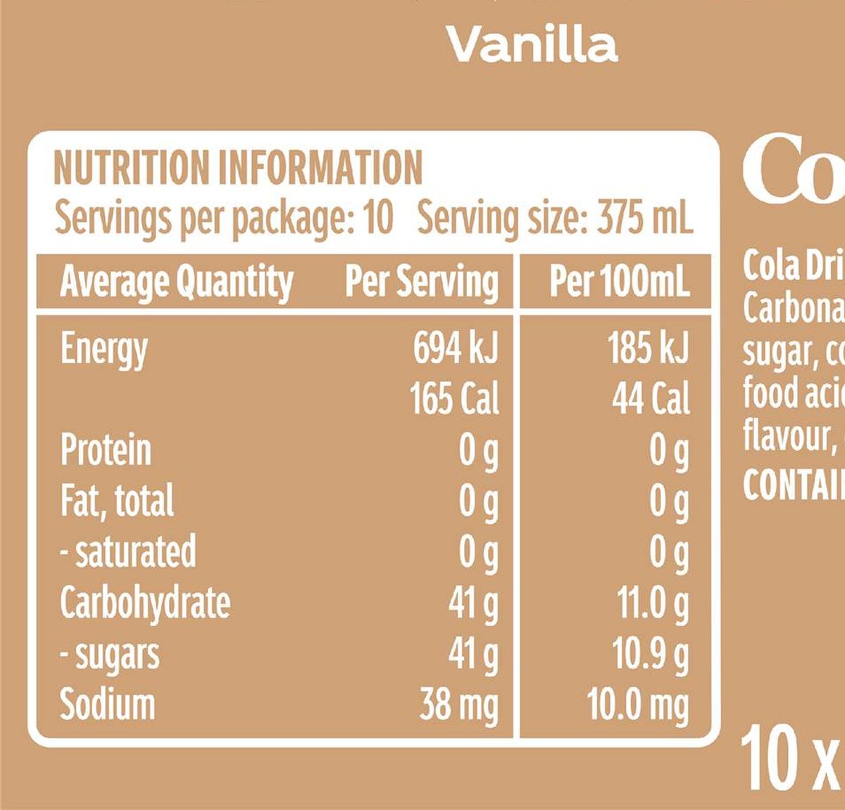 Pack photograph of Coca-Cola Vanilla Soft Drink Cans 375mL x 10 pack showing the printed nutrition panel
