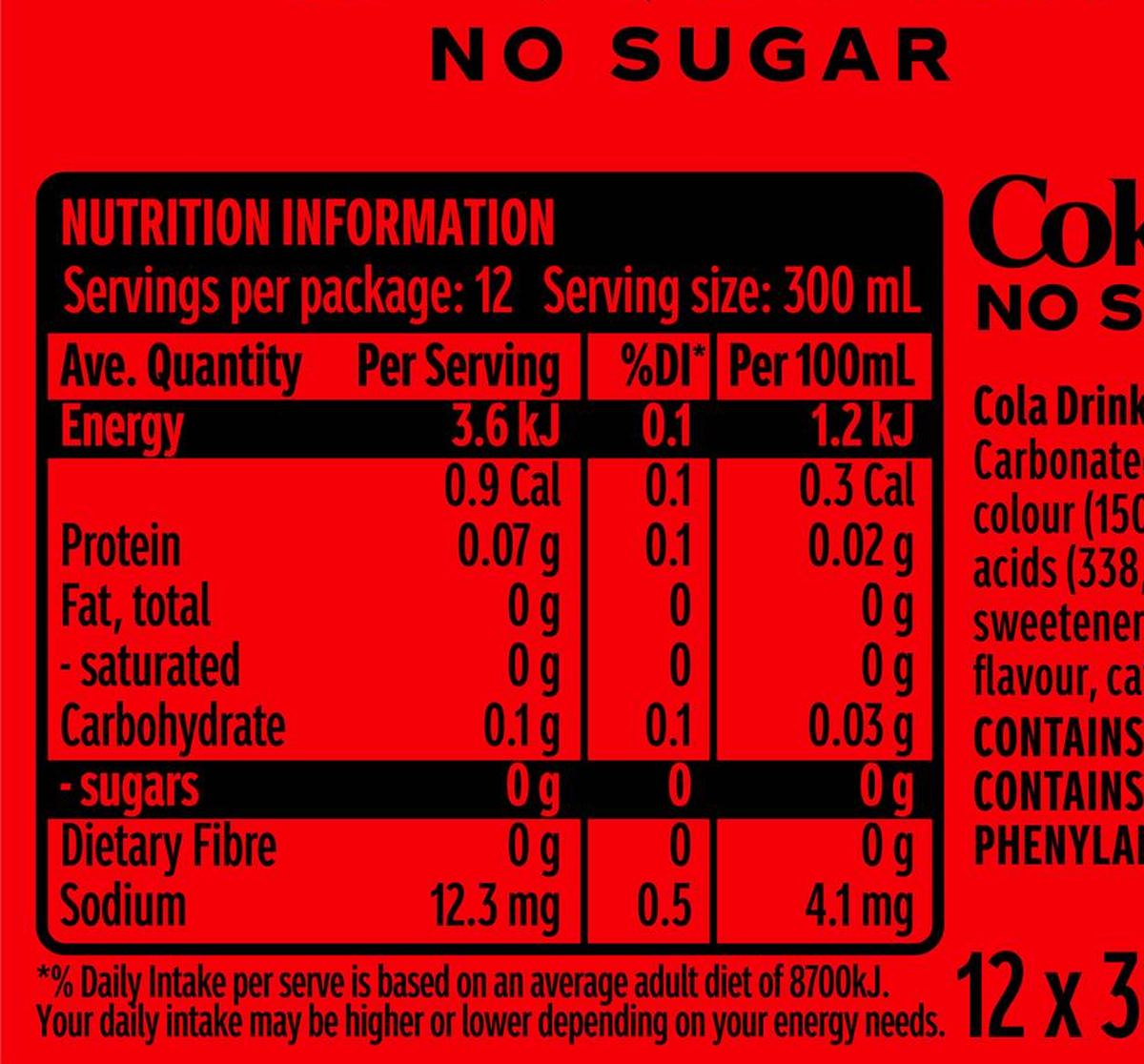 Pack photograph of Coca-Cola Zero Sugar Soft Drink Mini Bottles 300mL x 12 pack showing the printed nutrition panel