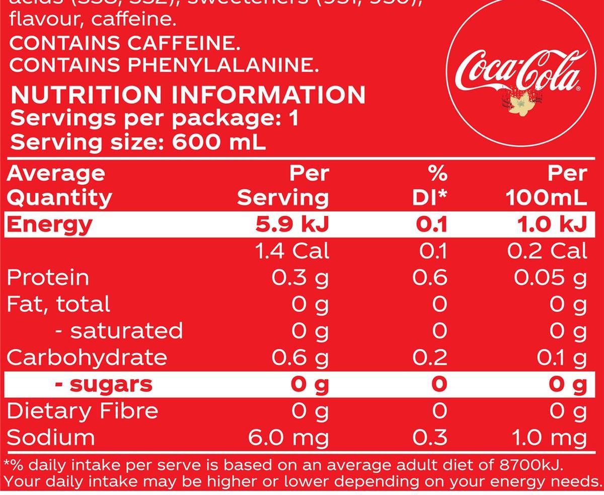 Pack photograph of Coca-Cola Zero Sugar Vanilla Soft Drink Bottle 600mL showing the printed nutrition panel