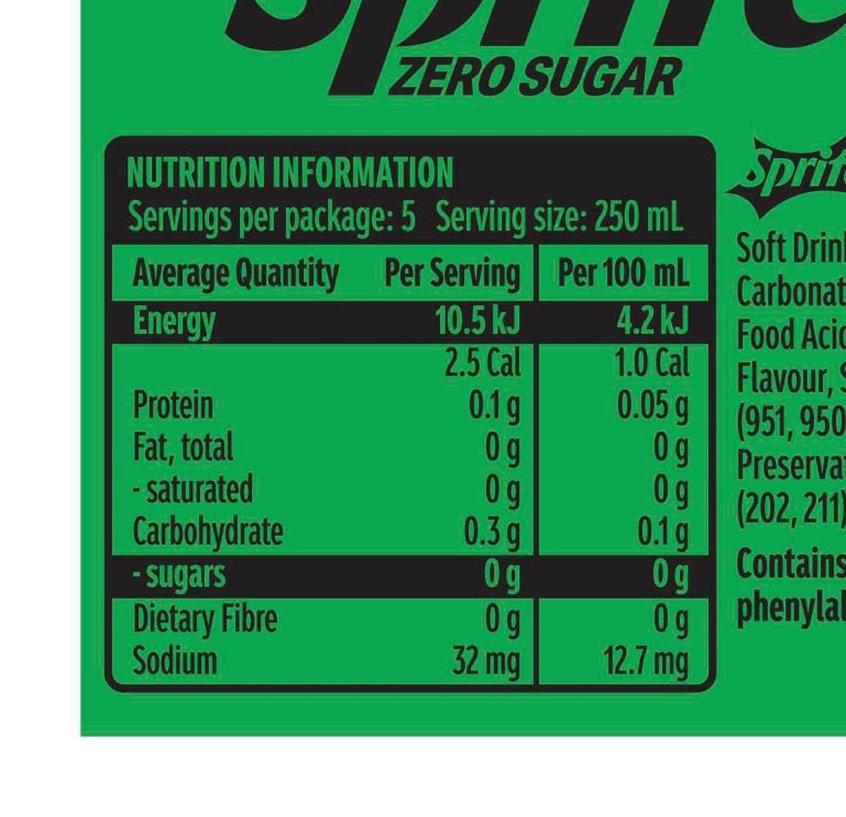Pack photograph of Sprite Zero Sugar Lemonade Soft Drink Bottle 1.25L showing the printed nutrition panel