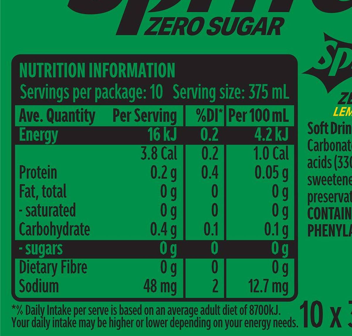 Pack photograph of Sprite Zero Sugar Lemonade Soft Drink  Cans 375mL x 10 pack showing the printed nutrition panel