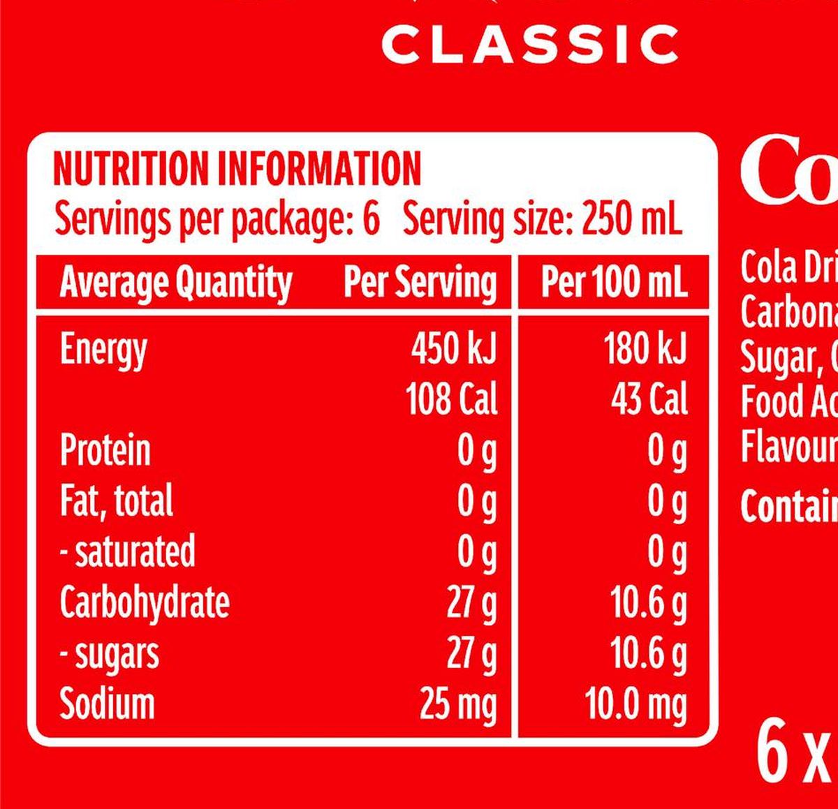 Pack photograph of Coca-Cola Classic  Soft Drink Mini Cans 250mL x 6 pack showing the printed nutrition panel