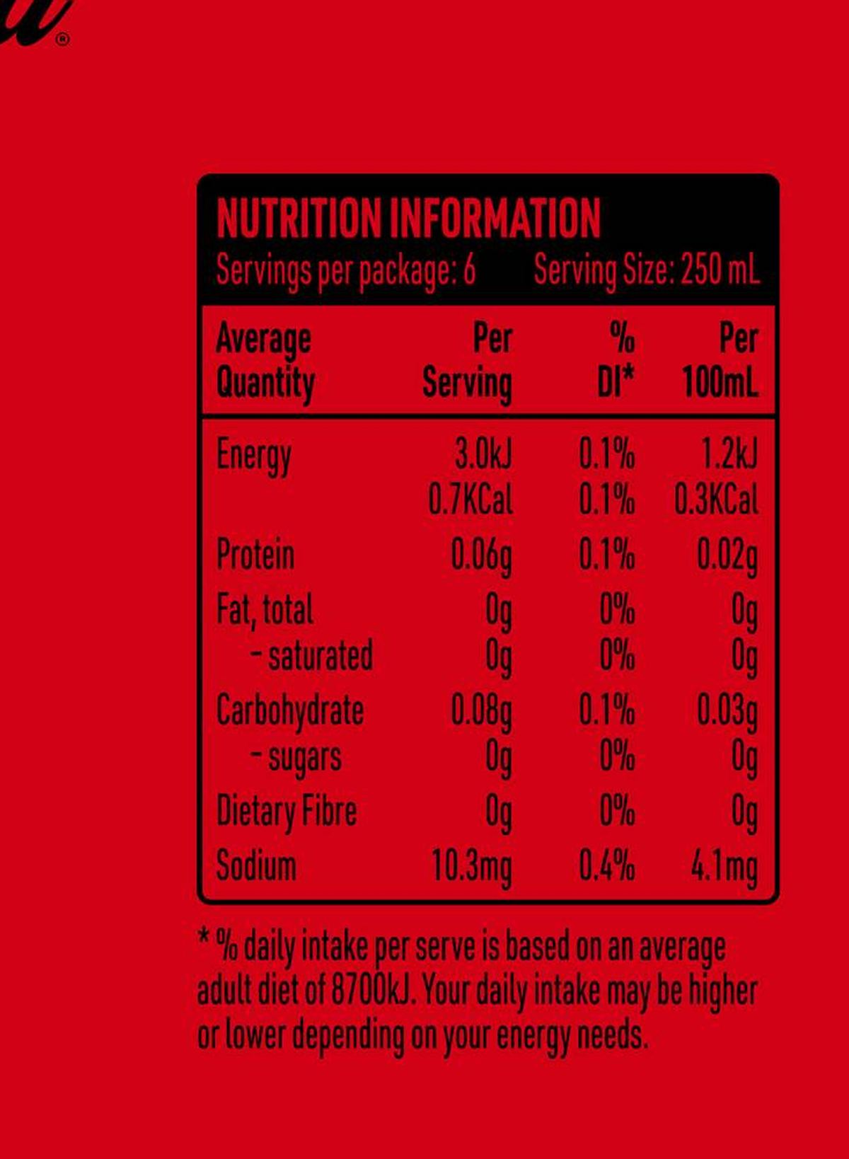 Pack photograph of Coca-Cola Zero Sugar Soft Drink Mini Cans 250mL x 6 pack showing the printed nutrition panel