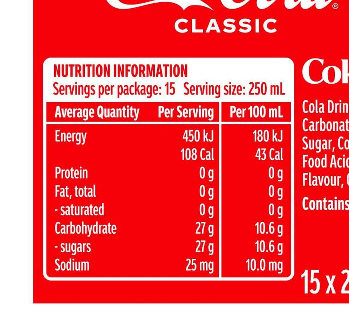 Pack photograph of Coca-Cola Mini Classic 250mL x 15 pack showing the printed nutrition panel