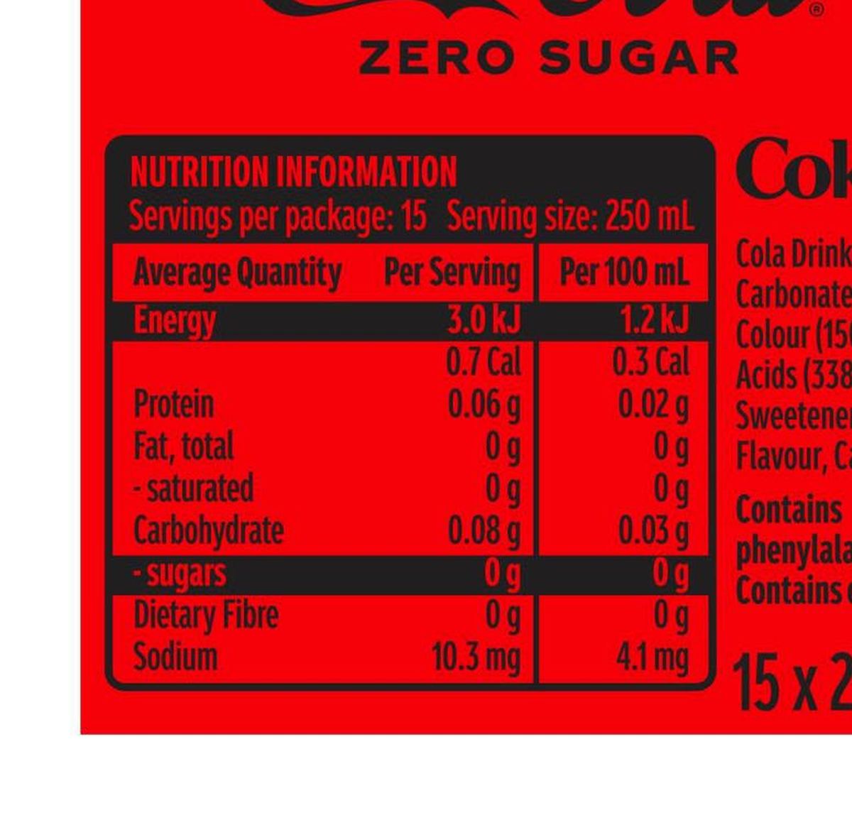 Pack photograph of Coca-Cola Mini Zero Sugar 250mL x 15 pack showing the printed nutrition panel